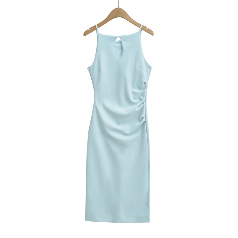 Spaghetti Strap Plain Ruched Midi Sheath Dress