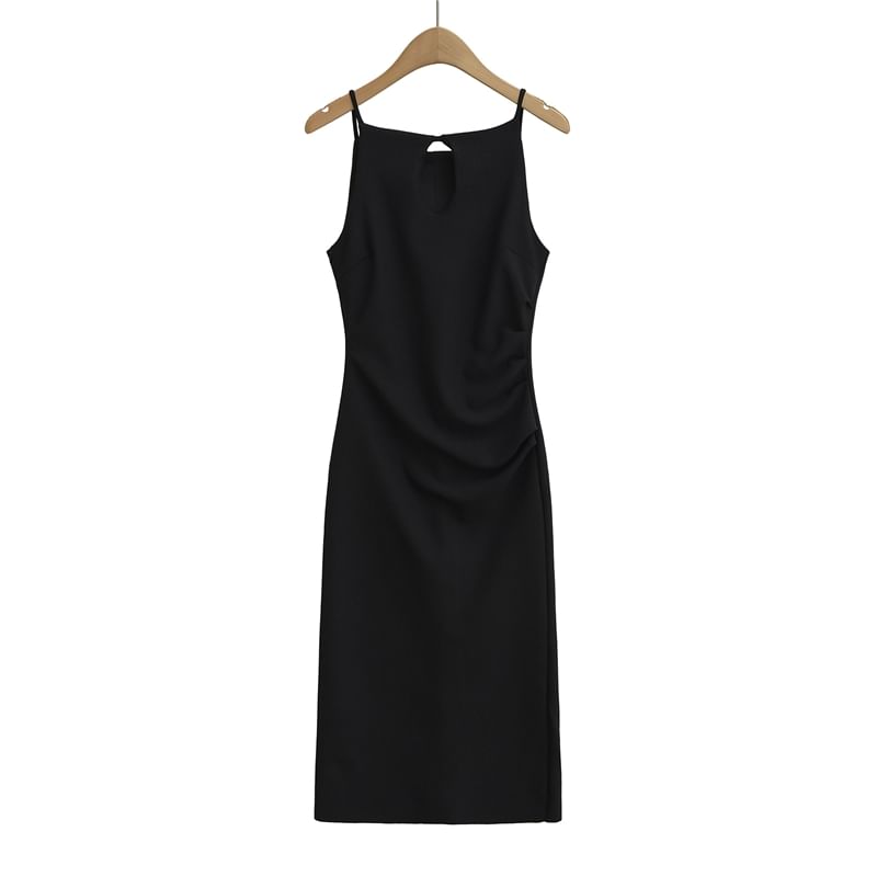 Spaghetti Strap Plain Ruched Midi Sheath Dress