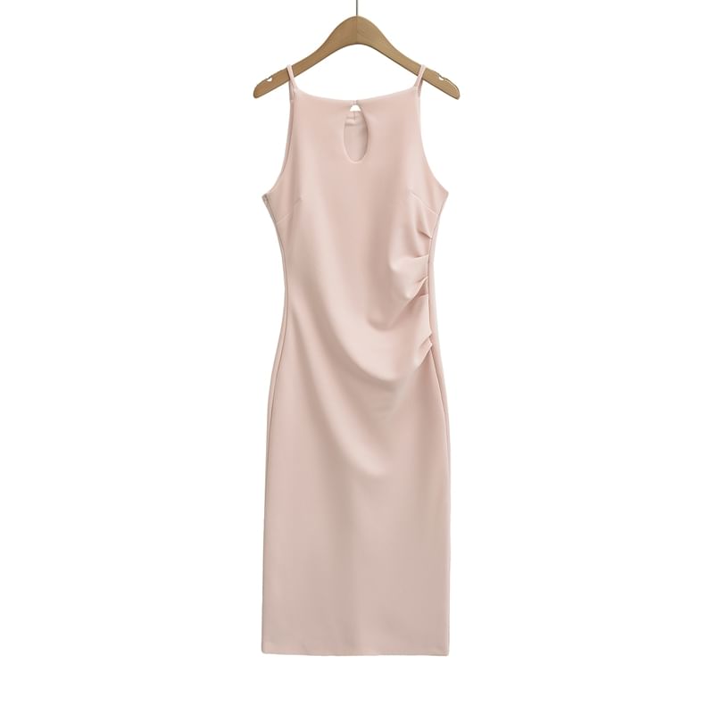 Spaghetti Strap Plain Ruched Midi Sheath Dress