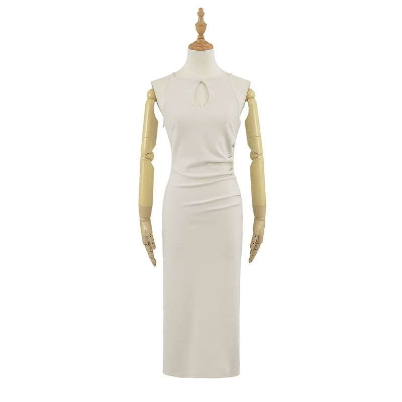 Spaghetti Strap Plain Ruched Midi Sheath Dress