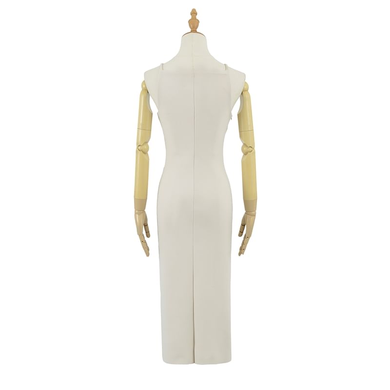 Spaghetti Strap Plain Ruched Midi Sheath Dress