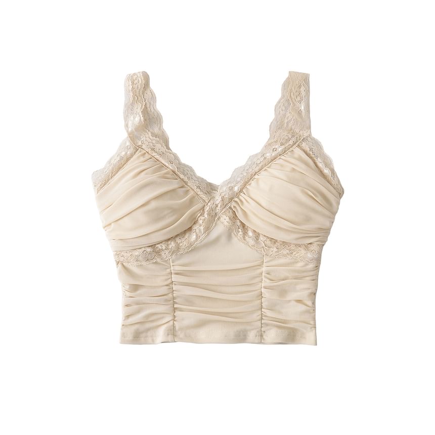 Ruched Lace Trim Padded Crop Tank