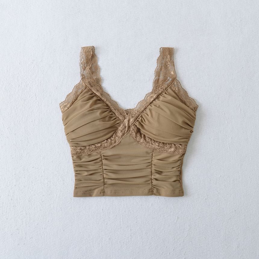 Ruched Lace Trim Padded Crop Tank