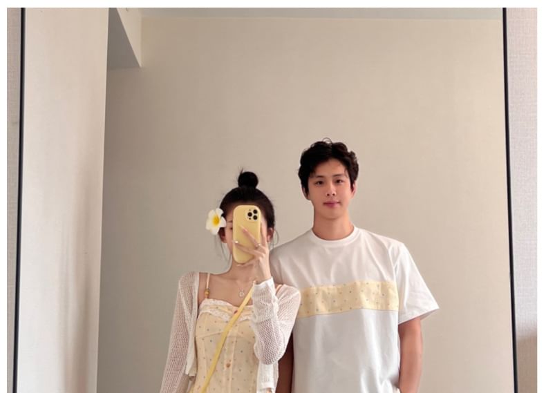 Couple Matching Spaghetti Strap Dotted Lace Panel Midi A-Line Dress / Plain Perforated Crop Cardigan / Elbow-Sleeve Crew Neck Panel T-Shirt / Drawstring Waist Wide Leg Shorts / Set