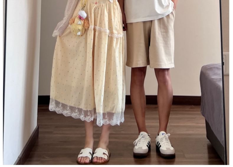 Couple Matching Lace Panel Midi Dress / Perforated Crop Cardigan / Crew Neck T-Shirt / Drawstring Shorts Set