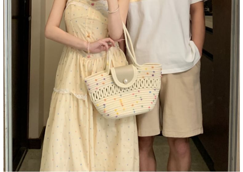 Couple Matching Spaghetti Strap Dotted Lace Panel Midi A-Line Dress / Plain Perforated Crop Cardigan / Elbow-Sleeve Crew Neck Panel T-Shirt / Drawstring Waist Wide Leg Shorts / Set