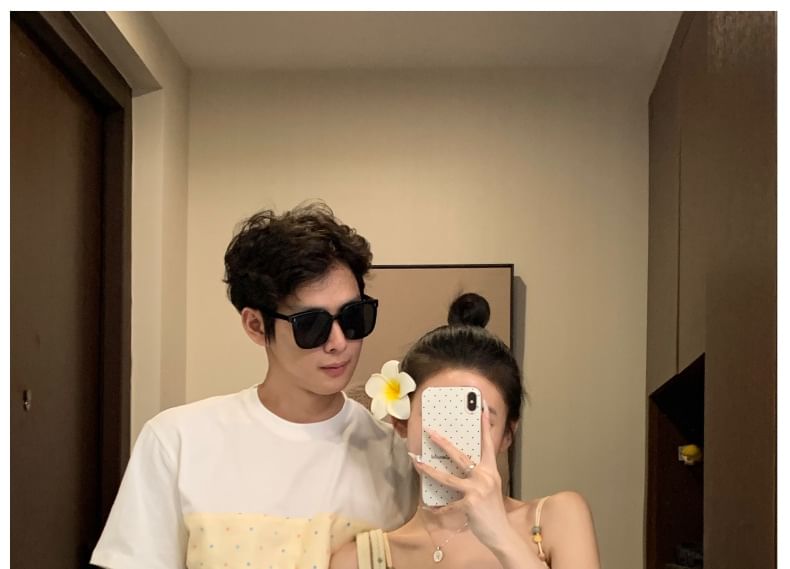Couple Matching Spaghetti Strap Dotted Lace Panel Midi A-Line Dress / Plain Perforated Crop Cardigan / Elbow-Sleeve Crew Neck Panel T-Shirt / Drawstring Waist Wide Leg Shorts / Set