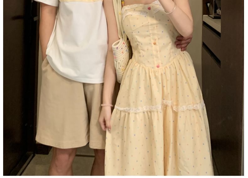 Couple Matching Lace Panel Midi Dress / Perforated Crop Cardigan / Crew Neck T-Shirt / Drawstring Shorts Set