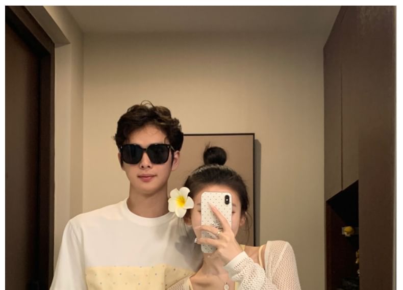 Couple Matching Spaghetti Strap Dotted Lace Panel Midi A-Line Dress / Plain Perforated Crop Cardigan / Elbow-Sleeve Crew Neck Panel T-Shirt / Drawstring Waist Wide Leg Shorts / Set