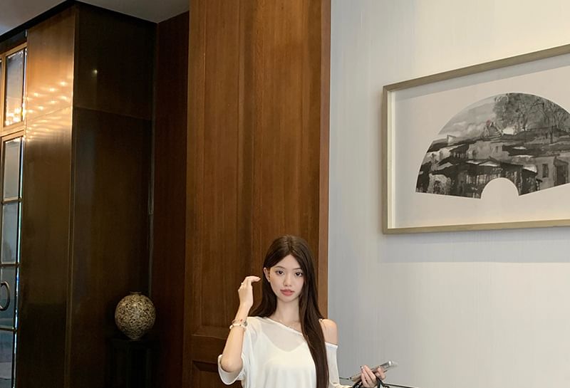 Elbow-Sleeve Off-Shoulder Plain Asymmetrical Sheer Tee / Spaghetti Strap V-Neck Maxi A-Line Dress / Belt / Set