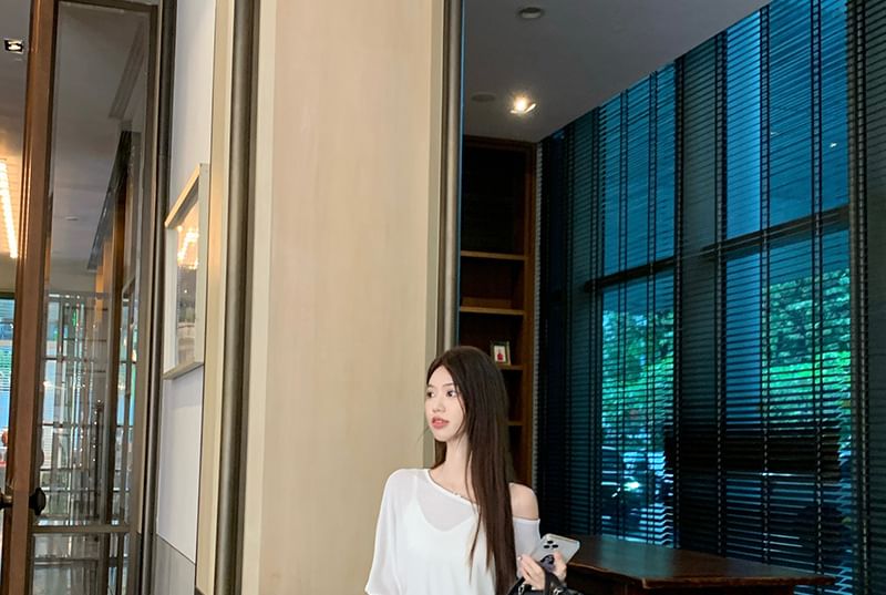 Elbow-Sleeve Off-Shoulder Plain Asymmetrical Sheer Tee / Spaghetti Strap V-Neck Maxi A-Line Dress / Belt / Set