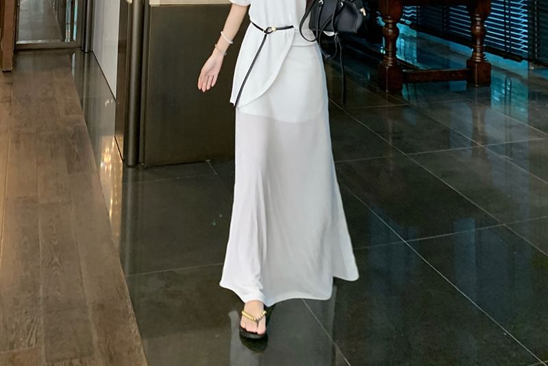 Elbow-Sleeve Off-Shoulder Plain Asymmetrical Sheer Tee / Spaghetti Strap V-Neck Maxi A-Line Dress / Belt / Set