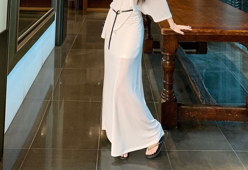 Elbow-Sleeve Off-Shoulder Plain Asymmetrical Sheer Tee / Spaghetti Strap V-Neck Maxi A-Line Dress / Belt / Set
