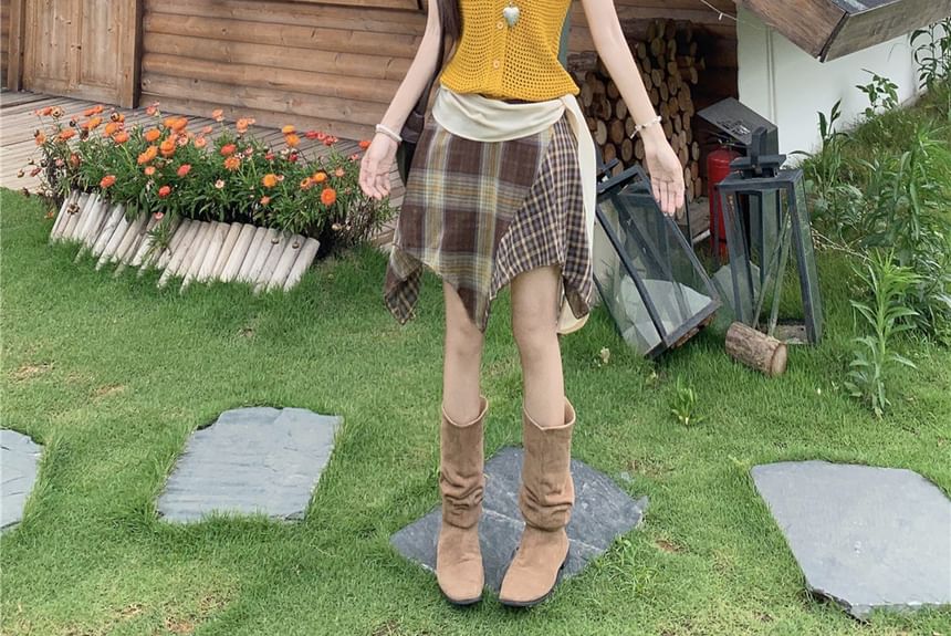 Short Sleeve Perforated Crop Cardigan / Plaid Mini A-Line Skirt