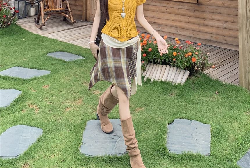 Short Sleeve Perforated Crop Cardigan / Plaid Mini A-Line Skirt