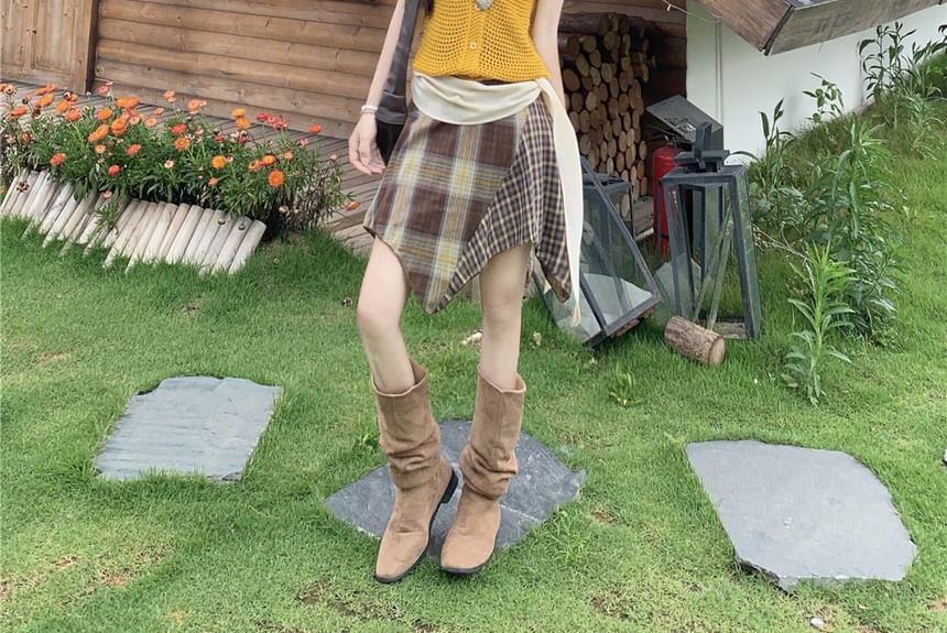 Short Sleeve Perforated Crop Cardigan / Plaid Mini A-Line Skirt