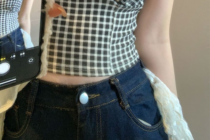 Lace Trim Plaid Cropped Camisole
