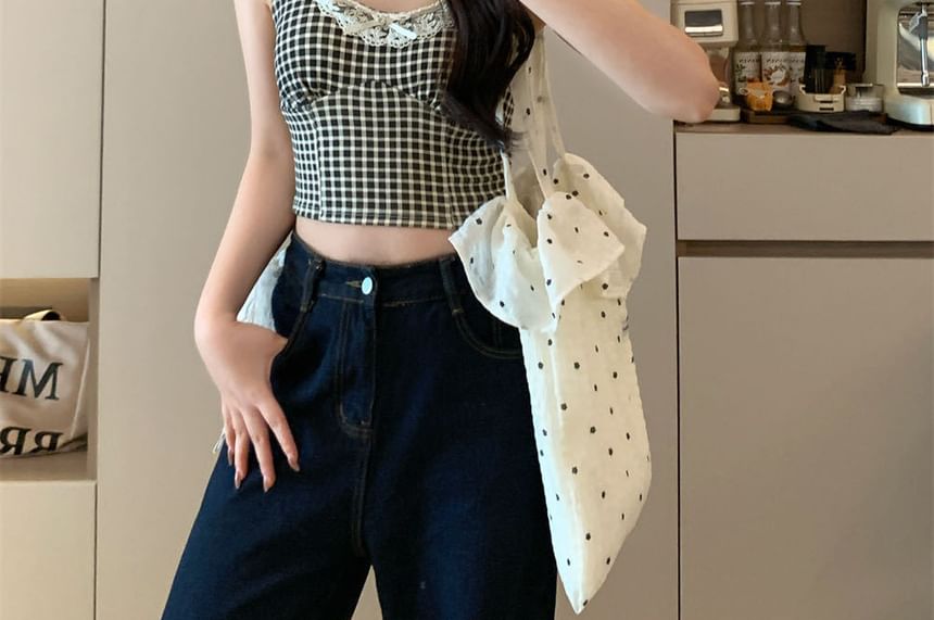 Lace Trim Plaid Cropped Camisole