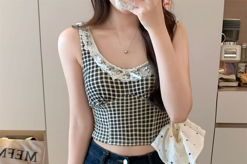 Lace Trim Plaid Cropped Camisole