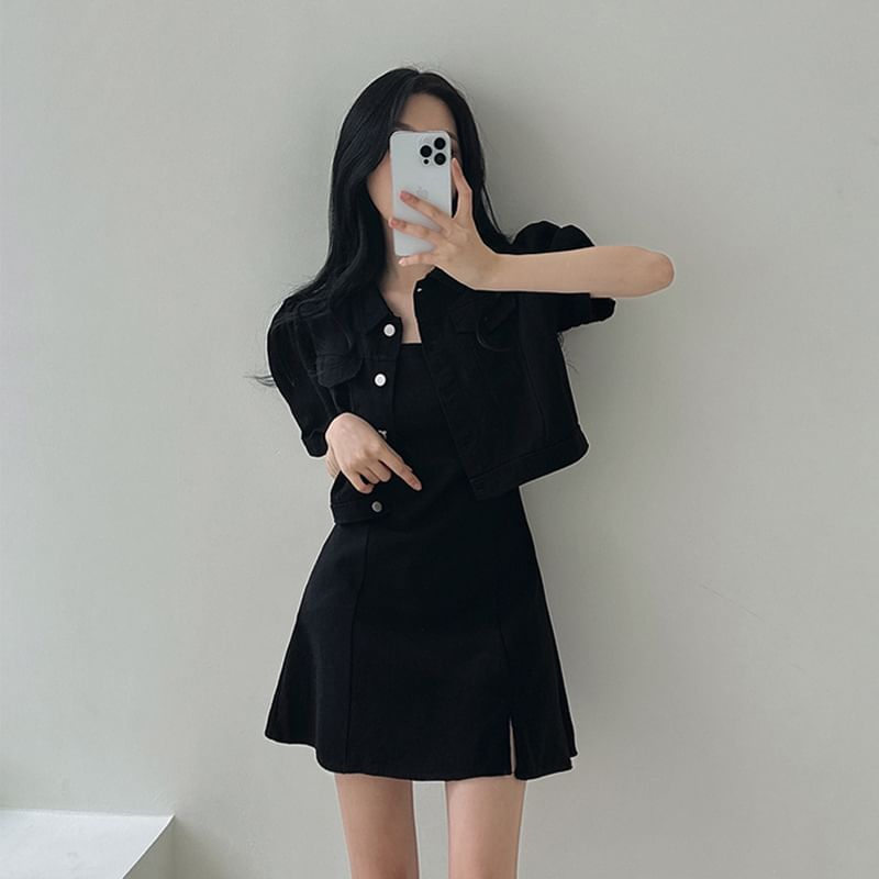 Spaghetti Strap Plain Slit Mini A-Line Dress / Short-Sleeve Collared Button-Up Crop Jacket
