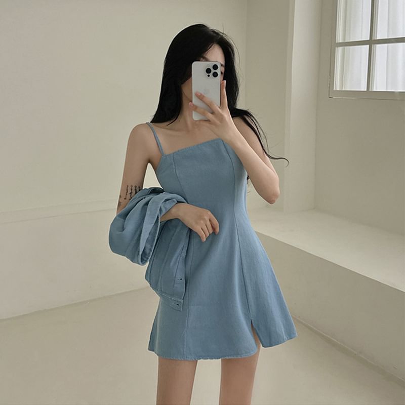 Spaghetti Strap Plain Slit Mini A-Line Dress / Short-Sleeve Collared Button-Up Crop Jacket