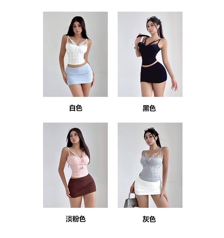 V-Neck Lace Trim Spaghetti Strap Crop Cami