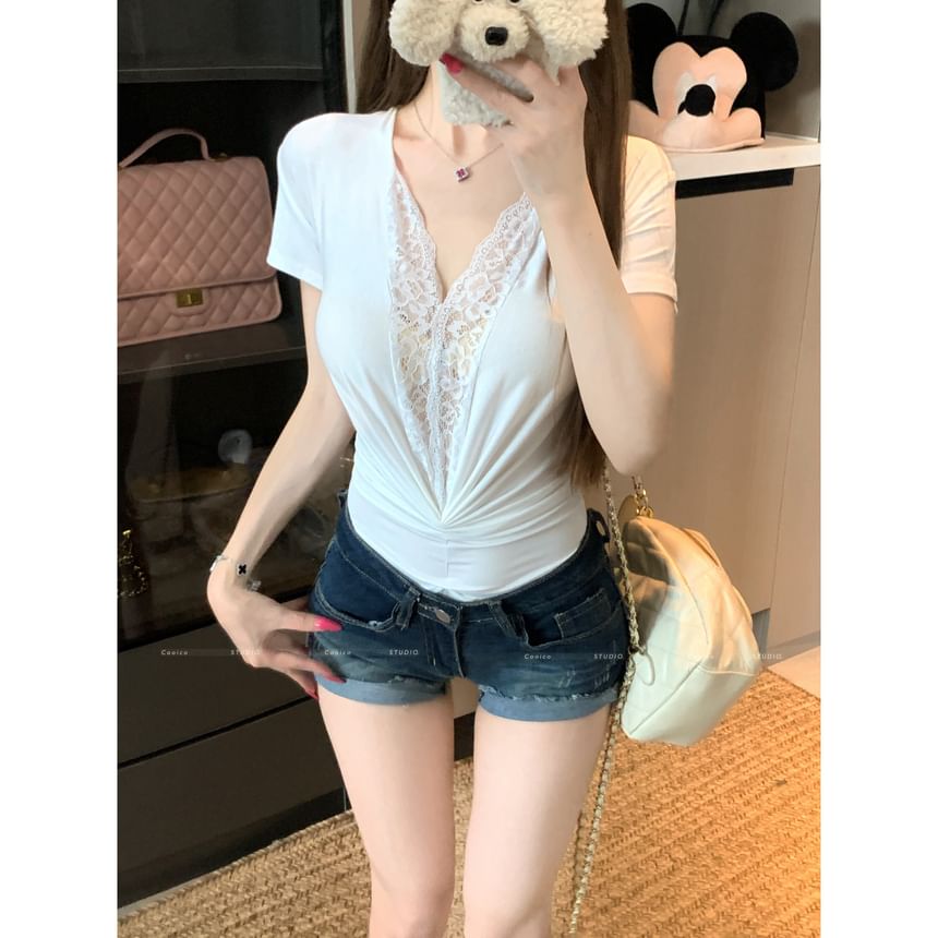 V-Neck Lace Panel Ruched Bodysuit Top