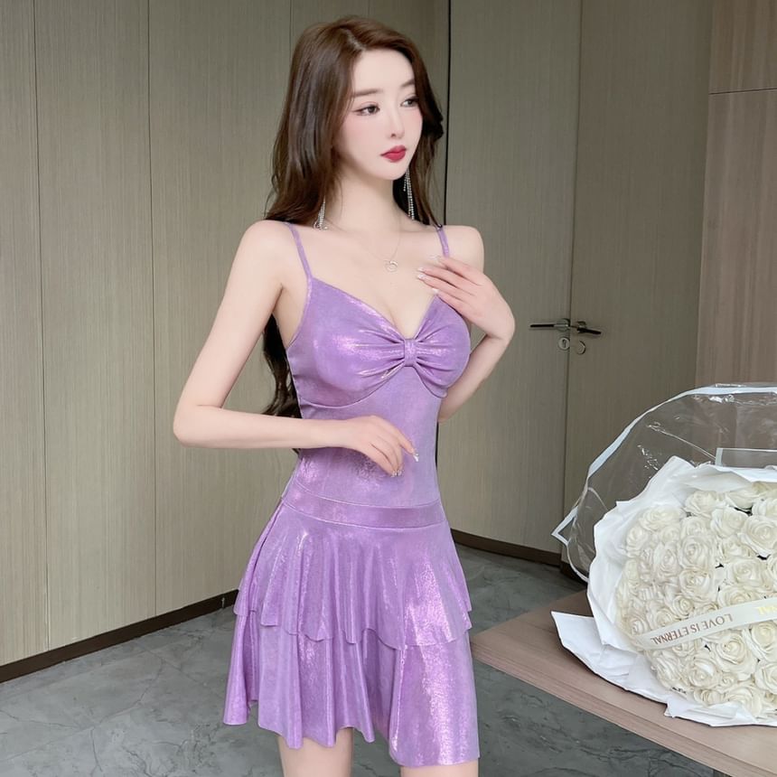 Spaghetti Strap V-Neck Metallic Ruched Open Back Mini A-Line Dress
