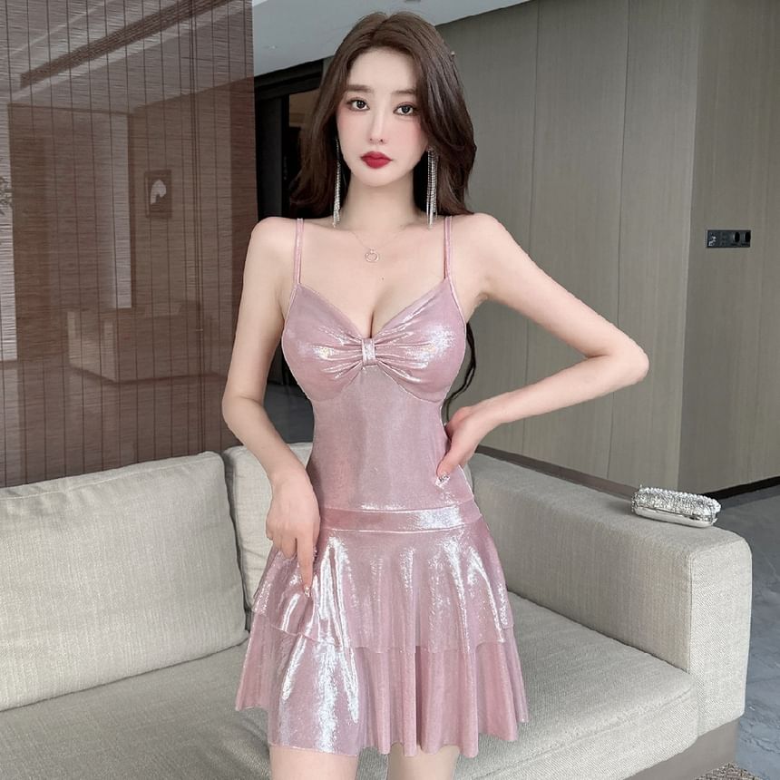 Spaghetti Strap V-Neck Metallic Ruched Open Back Mini A-Line Dress