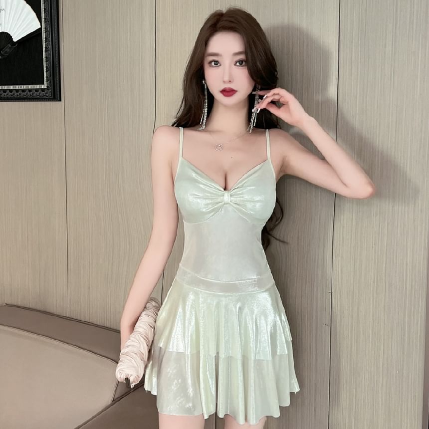 Spaghetti Strap V-Neck Metallic Ruched Open Back Mini A-Line Dress