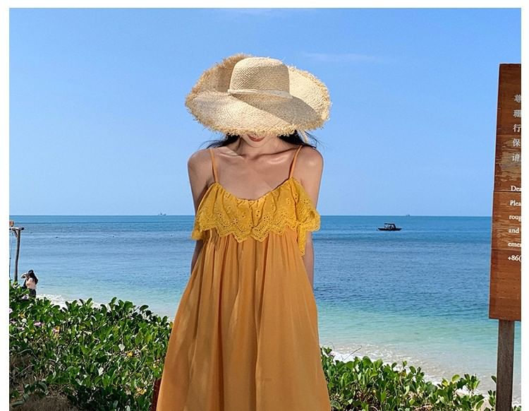 Spaghetti Strap Plain Lace Trim Maxi Sundress