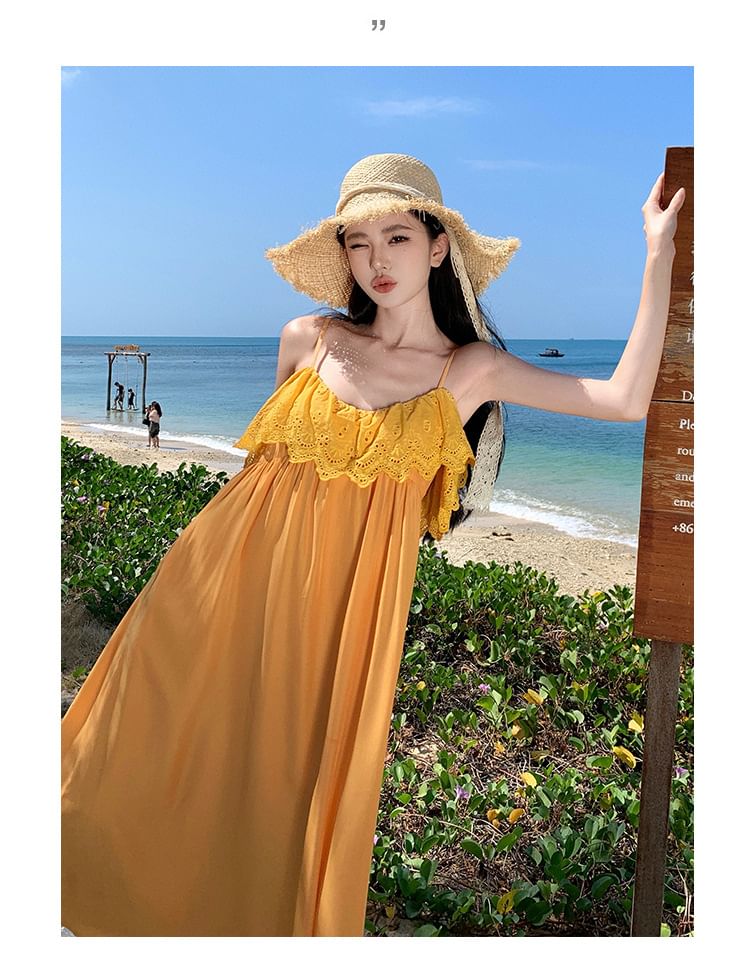 Spaghetti Strap Plain Lace Trim Maxi Sundress