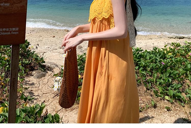 Spaghetti Strap Plain Lace Trim Maxi Sundress