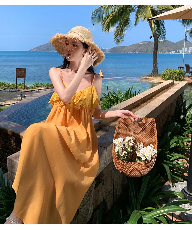 Spaghetti Strap Plain Lace Trim Maxi Sundress
