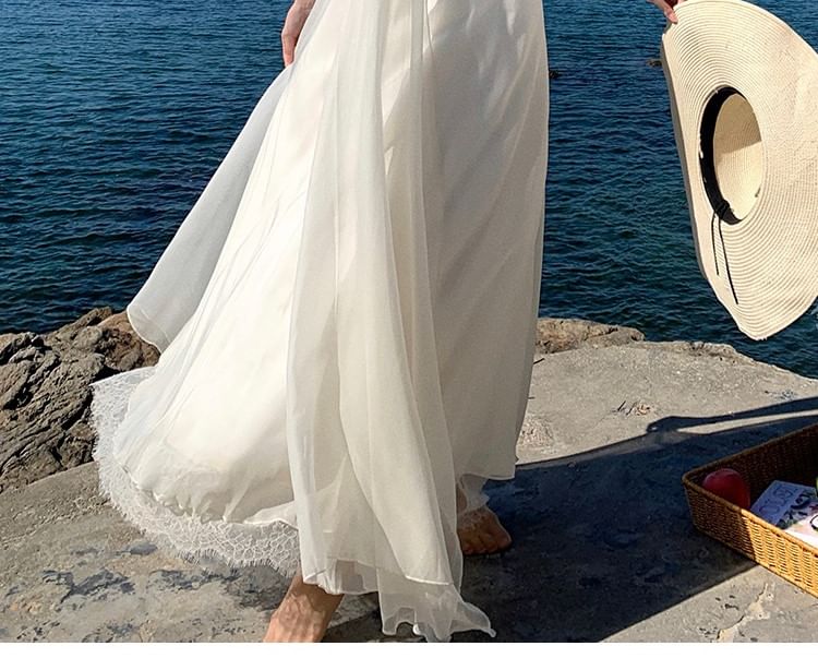 Spaghetti Strap Plain Lace Trim Maxi A-Line Dress