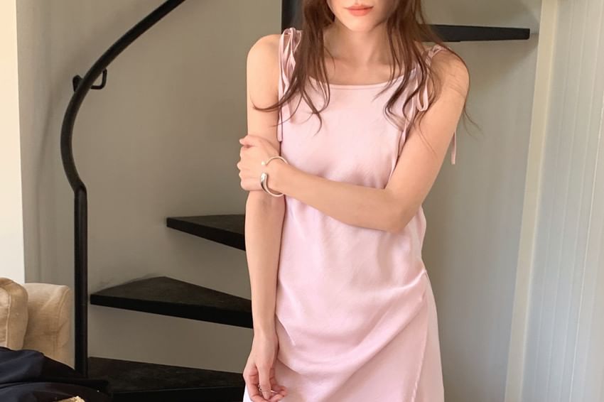 Spaghetti Strap Scoop Neck Plain Asymmetrical Tie Waist Slit Maxi A-Line Dress