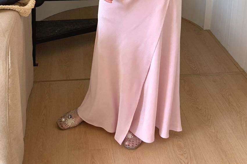 Spaghetti Strap Scoop Neck Plain Asymmetrical Tie Waist Slit Maxi A-Line Dress