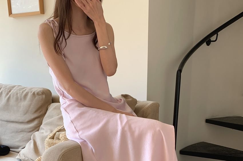Spaghetti Strap Scoop Neck Plain Asymmetrical Tie Waist Slit Maxi A-Line Dress