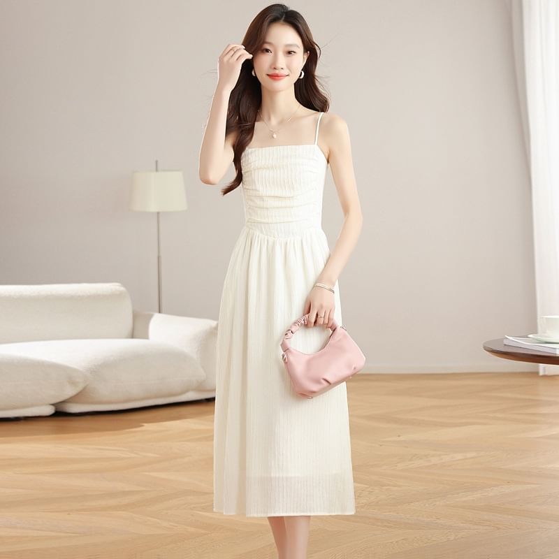 Spaghetti Strap Plain Ruched Midi A-Line Dress