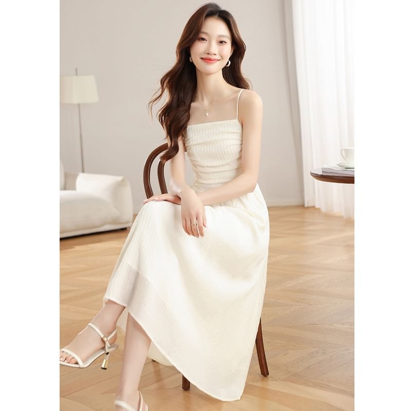 Spaghetti Strap Plain Ruched Midi A-Line Dress