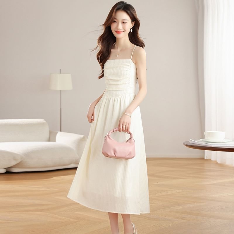 Spaghetti Strap Plain Ruched Midi A-Line Dress