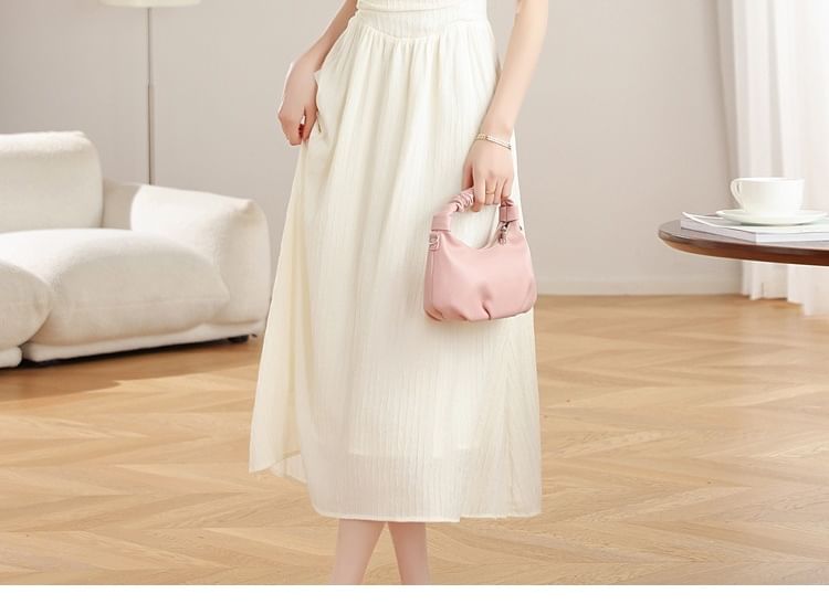 Spaghetti Strap Plain Ruched Midi A-Line Dress
