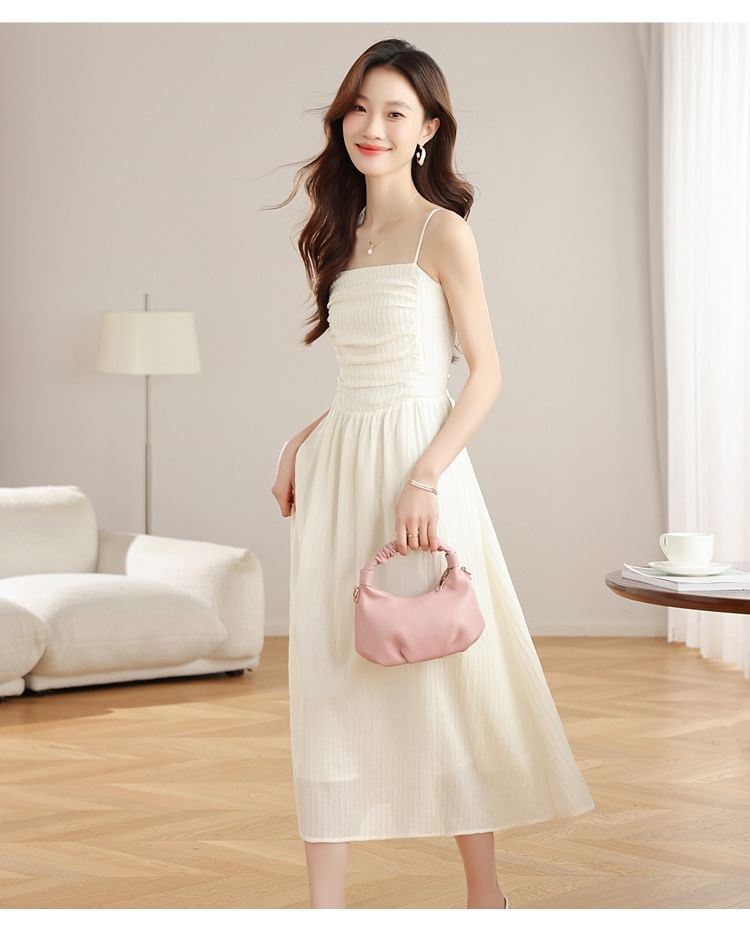Spaghetti Strap Plain Ruched Midi A-Line Dress