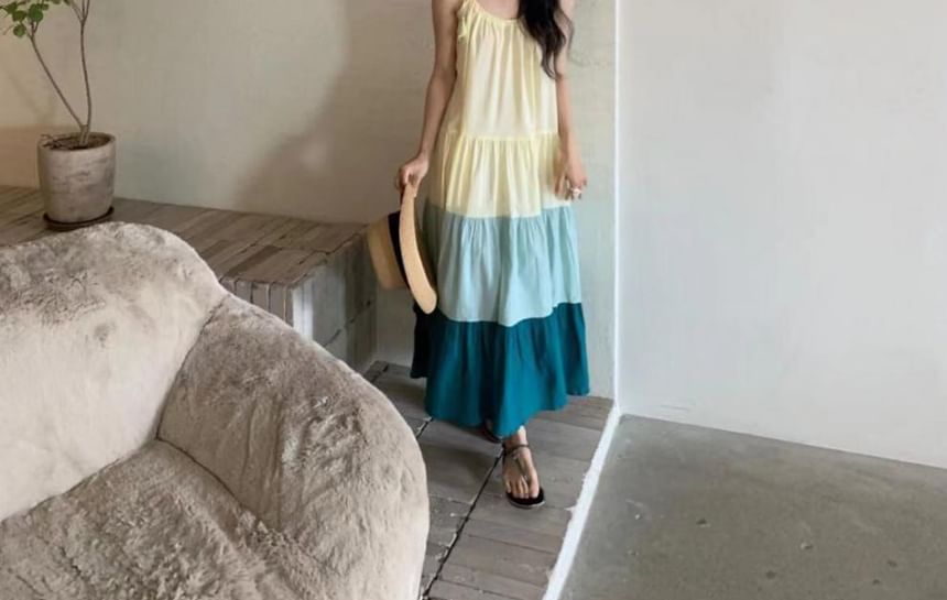 Tie-Shoulder Color Block Midi A-Line Dress