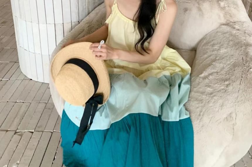 Tie-Shoulder Color Block Midi A-Line Dress