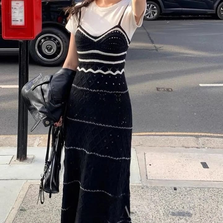 Spaghetti Strap V-Neck Contrast Trim Perforated Open Back Midi Sheath Knit Dress