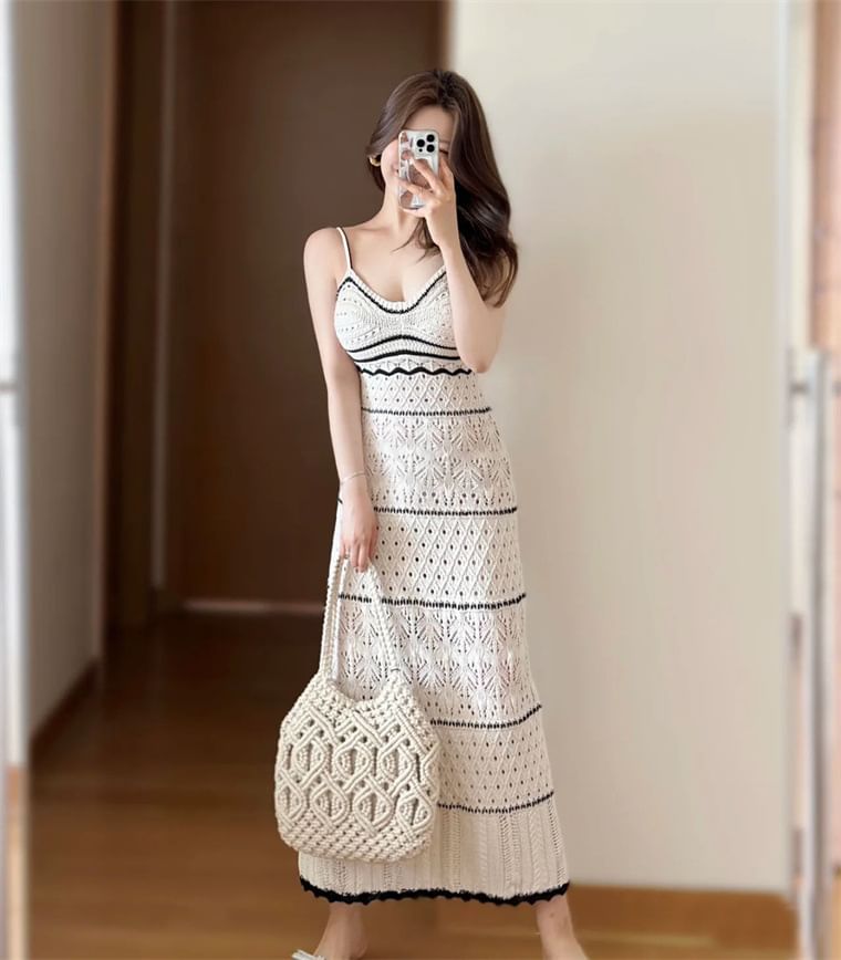 Spaghetti Strap V-Neck Contrast Trim Perforated Open Back Midi Sheath Knit Dress