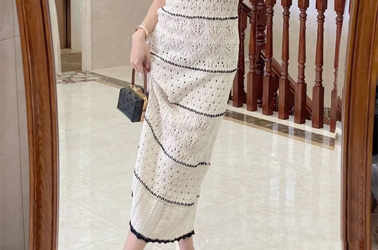 Spaghetti Strap V-Neck Contrast Trim Perforated Open Back Midi Sheath Knit Dress