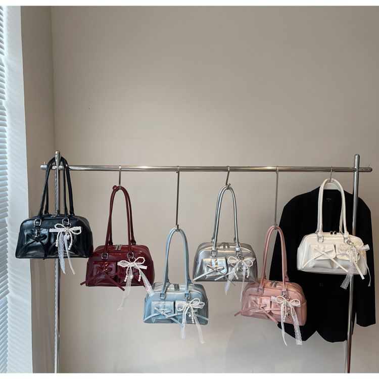 Bow Multi-Pocket Faux Leather Tote Bag / Bag Charm / Set