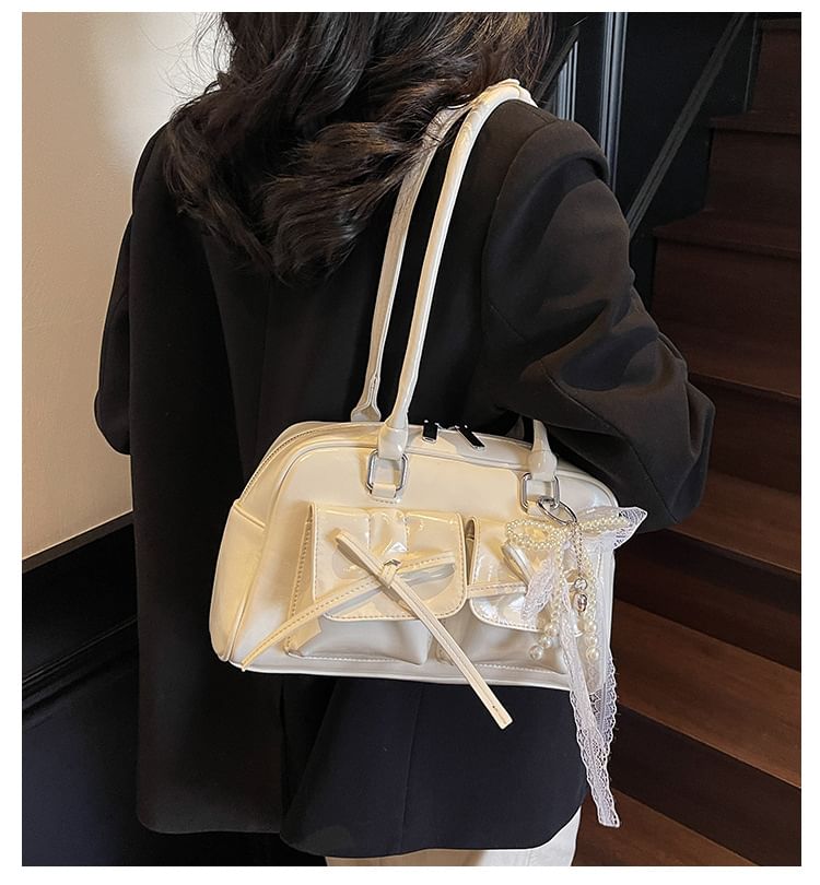 Bow Multi-Pocket Faux Leather Tote Bag / Bag Charm / Set